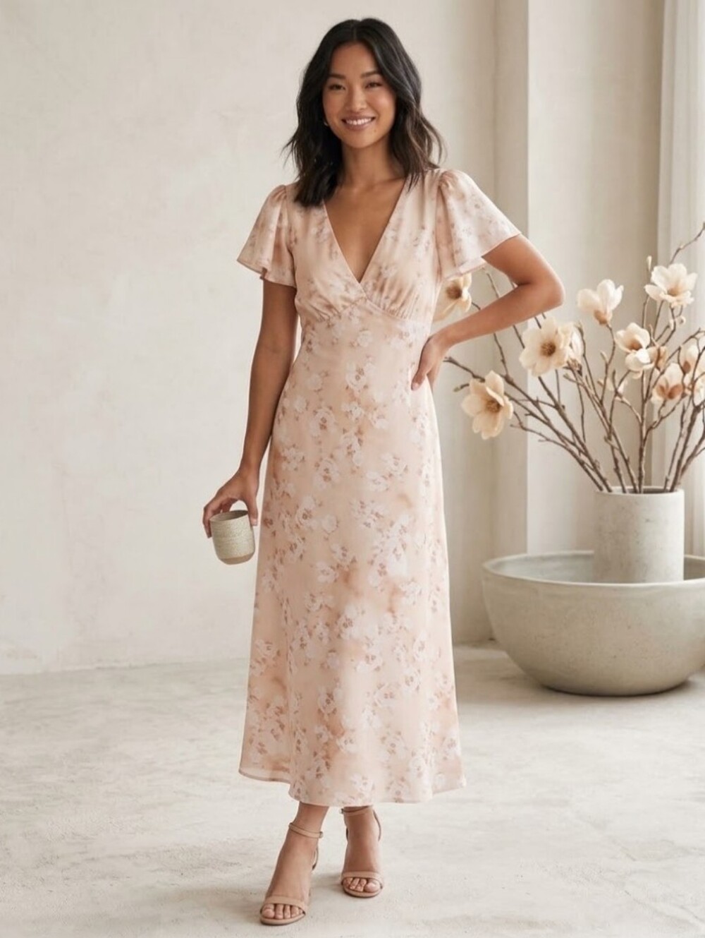 NEW! Lulus V-Neck Flutter-Sleeve Midi Dress in Pink & White Sz XS